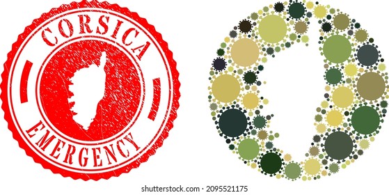 Vektormosaik Korsika Karte der covid-2019 Artikel und Grunge-NOTFALL-Badge. Mosaik geographische Korsika Karte erstellt als geschnitzte Form aus runden Formen mit covid-2019 Elemente in khaki Armee Farben.
