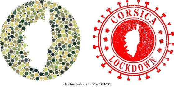 Mosaico vectorial Mapa de Córcega de los elementos de brote de virus y sello LOCKDOWN de grunge.