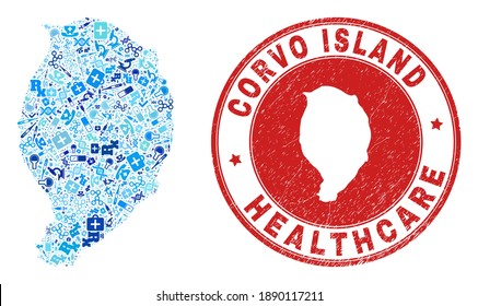 Vector mosaic Corvo Island map with dose icons, receipt symbols, and grunge health care stamp. Red round stamp with corroded rubber texture and Corvo Island map word and map.