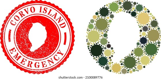 Mosaico vectorial Corvo Island mapa de los ítems del virus SARS y placa de EMERGENCIA gruesa. Mapa de la isla Mosaica de Corvo, geográfico, construido como un hoyo de círculo con íconos del virus SARS en los colores del ejército caqui.
