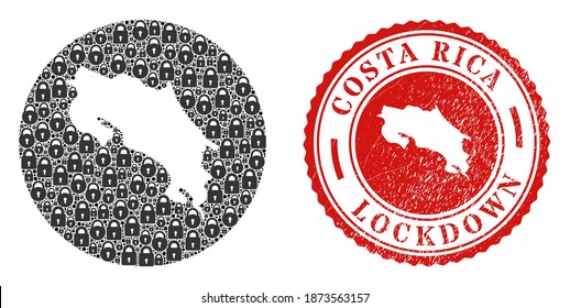 Vector mosaic Costa Rica map of locks and grunge LOCKDOWN seal stamp. Mosaic geographic Costa Rica map created as carved shape from round shape with black locks.