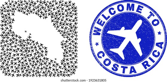 Vector mosaic Costa Rica map of air shipping items and grunge Welcome stamp. Mosaic geographic Costa Rica map created as hole from rounded square shape with air flights.