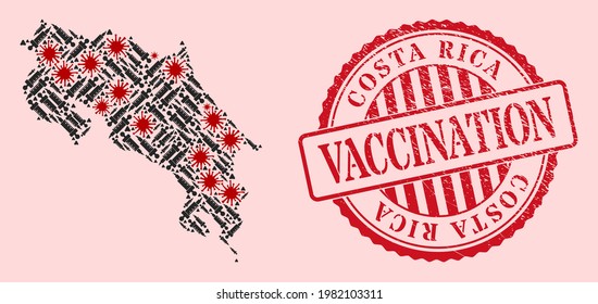 Vector mosaic Costa Rica map of flu virus, vaccination icons, and red grunge vaccine stamp. Virus items and vaccination items inside Costa Rica map.