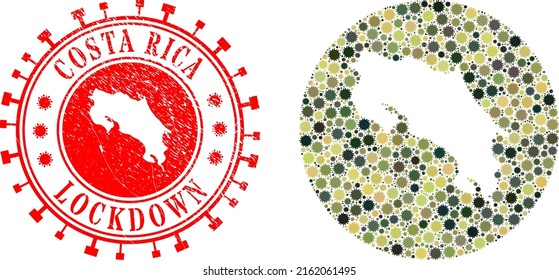Vector mosaic Costa Rica map of covid infection elements and grunge LOCKDOWN seal.