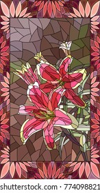 Vector mosaic with couple pink lilies in vertical stained-glass window frame.