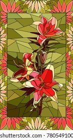 Vector mosaic with couple red lilies in vertical stained-glass window frame.