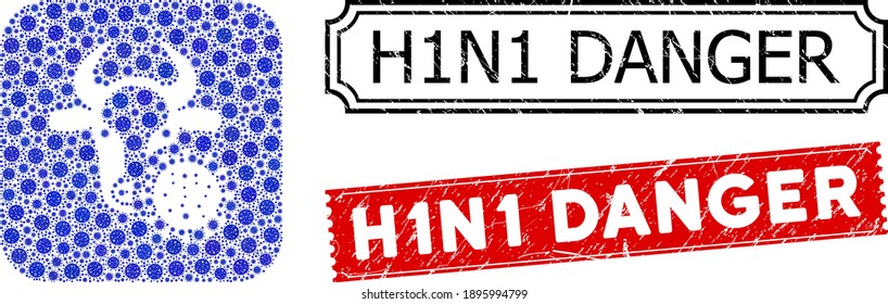 Vector mosaic cow coronavirus and grunge H1N1 Danger seal stamps. Mosaic cow coronavirus constructed as subtraction from rounded square with blue Covid-2019 icons.