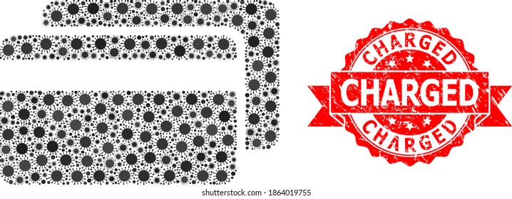 Vector mosaic credit cards of flu virus, and Charged corroded ribbon stamp seal. Virus particles inside credit cards mosaic. Red seal has Charged title inside ribbon.