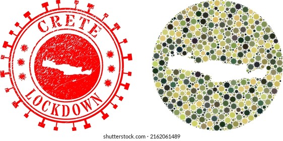 Vector mosaic Crete map of virus outbreak items and grunge LOCKDOWN badge. Mosaic geographic Crete map constructed as carved shape from circle with SARS virus elements in khaki army color hues.