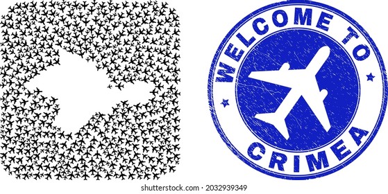 Vector mosaic Crimea map of airline items and grunge Welcome stamp. Collage geographic Crimea map constructed as carved shape from rounded square shape with airflights.