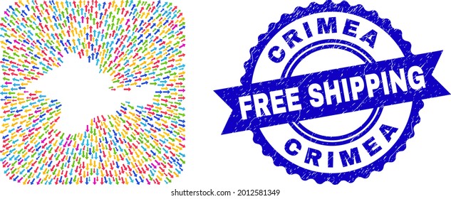 Vector mosaic Crimea map of pointer arrows and grunge Free Shipping seal. Collage Crimea map created as carved shape from rounded square shape with pointing arrows.