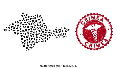 Vector mosaic Crimea map and red rounded corroded stamp seal with serpents icon. Crimea map collage constructed with ellipse items. Red rounded medical seal stamp, with dirty texture.