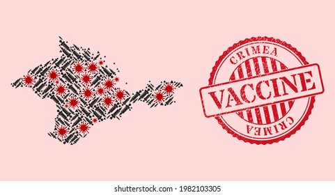 Vector mosaic Crimea map of SARS virus, inoculation icons, and red grunge vaccination stamp. Virus particles and vaccination needles inside Crimea map.