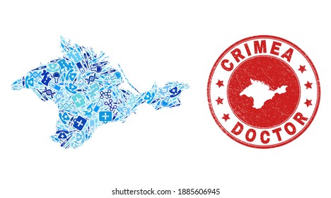 Vector mosaic Crimea map with syringe icons, laboratory symbols, and grunge healthcare imprint. Red round imprint with grunge rubber texture and Crimea map text and map.