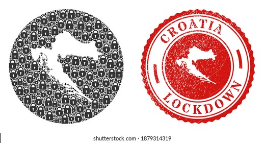 Vector mosaic Croatia map of locks and grunge LOCKDOWN stamp. Mosaic geographic Croatia map designed as hole from round shape with black locks.