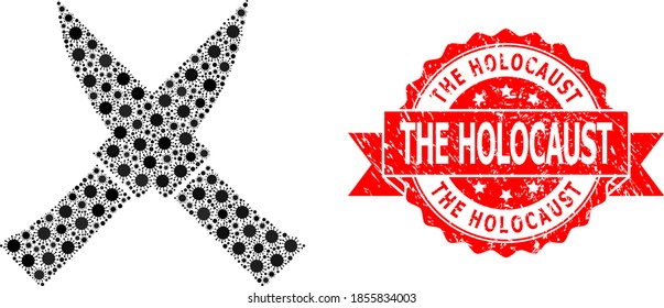 Vector mosaic crossing knives of virus, and The Holocaust scratched ribbon seal print. Virus particles inside crossing knives mosaic. Red stamp seal contains The Holocaust caption inside ribbon.