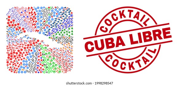 Vector mosaic Cuba map of different pictograms and Cocktail Cuba Libre seal. Mosaic Cuba map created as carved shape from rounded square shape. Red round badge with Cocktail Cuba Libre text.