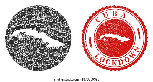Mapa vectorial de cubanas de cerraduras y retenes grunge LOCKDOWN. Mapa de Cuba geográfico mosaico diseñado como esténcil de forma redonda con cerraduras negras. Sello rojo con textura de goma gruesa y texto LOCKDOWN.