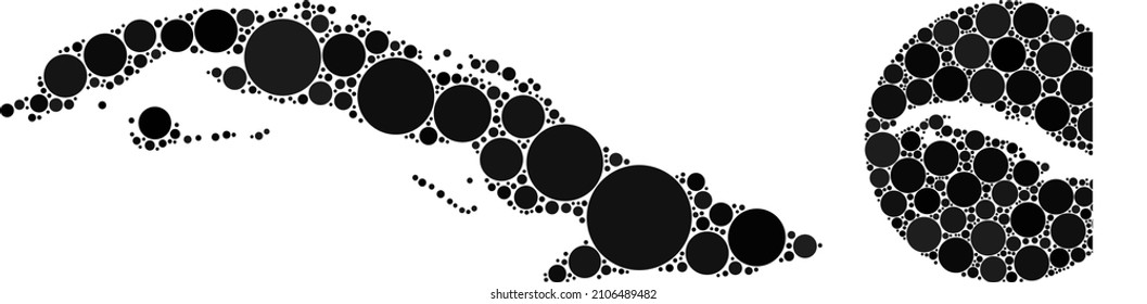 Vector mosaic Cuba map of round items. Mosaic geographic Cuba map is constructed as subtraction from round shape with spheric items in black color hues. Pixelated vector mosaic Cuba map.