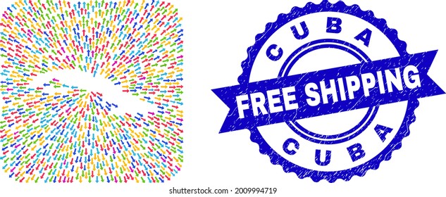 Vector mosaic Cuba map of straight arrows and scratched Free Shipping seal. Mosaic Cuba map designed as carved shape from rounded square shape using straight arrows.