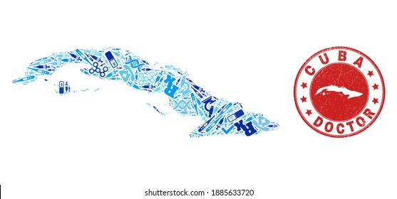 Vector mosaic Cuba map with syringe icons, chemical symbols, and grunge doctor watermark. Red round imprint with grunge rubber texture and Cuba map word and map.