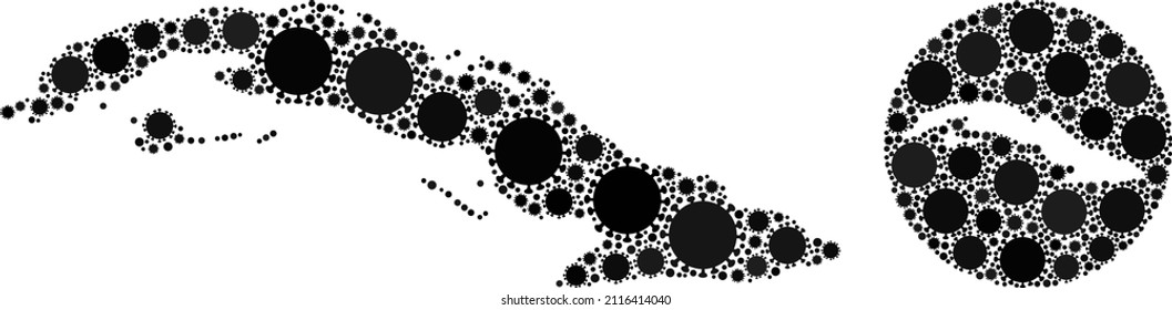 Mapa de elementos virales del mosaico vectorial de Cuba. Mapa geográfico mosaico de Cuba creado como forma tallada de forma redonda con elementos del virus de la gripe en tonos de color negro. Abstracción por motivos de seguridad.