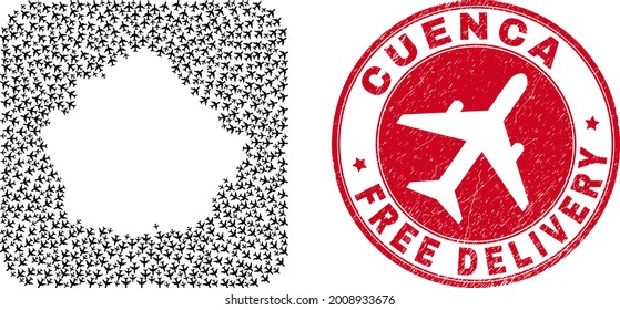 Vector mosaic Cuenca Province map of jet vehicle elements and grunge Free Delivery seal stamp.