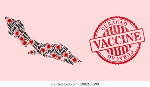 Vector mosaic Curacao Island map of covid-2019 virus, dose icons, and red grunge vaccination stamp. Virus items and vaccination items inside Curacao Island map.