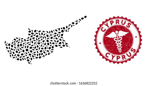 Vector mosaic Cyprus Island map and red rounded distressed stamp seal with serpents sign. Cyprus Island map collage created with elliptic items. Red rounded clinic seal stamp, with scratched texture.