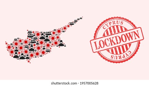 Vector mosaic Cyprus map of corona virus, masked people and red grunge lockdown seal stamp. Virus cells and people in masks inside Cyprus map. Red seal with grunge rubber texture and LOCKDOWN text.