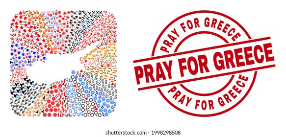 Vector mosaic Cyprus map of different icons and Pray for Greece stamp. Mosaic Cyprus map created as subtraction from rounded square. Red round stamp with Pray for Greece tag.