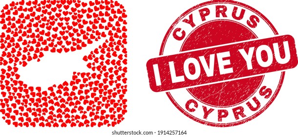 Vector mosaic Cyprus map of love heart elements and grunge love badge. Collage geographic Cyprus map created as carved shape from rounded square shape with valentine hearts.
