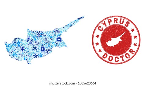 Vector mosaic Cyprus map with syringe icons, hospital symbols, and grunge healthcare seal. Red round imprint with grunge rubber texture and Cyprus map caption and map.