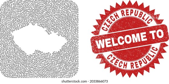 Vector mosaic Czech Republic map of navigation arrows and rubber Welcome stamp. Mosaic geographic Czech Republic map designed as hole from rounded square with direction arrows.