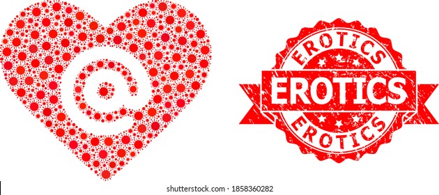 Vektor Mosaik Dating Herz-Adresse des Virus, und Erotik kratzte Band Robben Druck. Virus-Elemente im Dating-Herzen adressieren Mosaik. Rote Stempelrobbe enthält Erotik-Anhänger in der Schleife.
