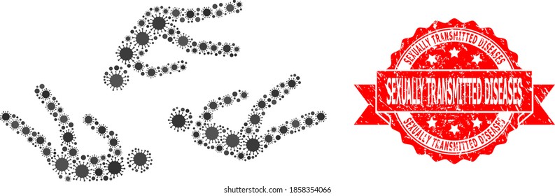 Mosaico vectorial muertos del virus de la corona y Enfermedades de Transmisión Sexual estampado de cinta sucia. Partículas de virus dentro del mosaico de personas muertas.