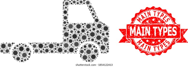 Vector mosaic delivery car chassi of coronavirus, and Main Types grunge ribbon stamp seal. Virus particles inside delivery car chassi mosaic. Red stamp seal includes Main Types tag inside ribbon.