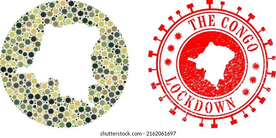 Mosaico vectorial de la República Democrática del Congo mapa de íconos de brotes de virus y estampado de sello LOCKDOWN.