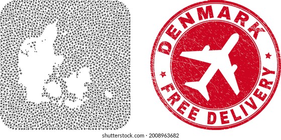Vector mosaic Denmark map of air plane items and grunge Free Delivery seal stamp. Mosaic geographic Denmark map constructed as carved shape from rounded square using flying out air planes.