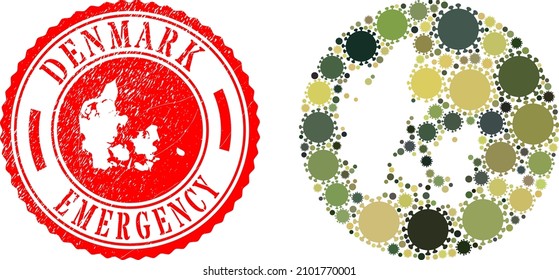 Vektor Mosaik Dänemark Karte der Kokosinfektionsartikel und Grunge-NOTFE-Siegel. Mosaik Geografische Karte Dänemarks entworfen als Schablone aus runder Form mit covid-2019 Elemente in khaki Armeefarben.