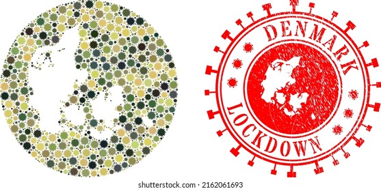 Vektor Mosaik Dänemark Karte von Grippevirus und grunge LOCKDOWN Siegel. Mosaik Geografische Karte Dänemarks, konstruiert als geschnitzte Form aus runden Formen mit Grippevirus-Symbolen in Tarnung Armeefarben.