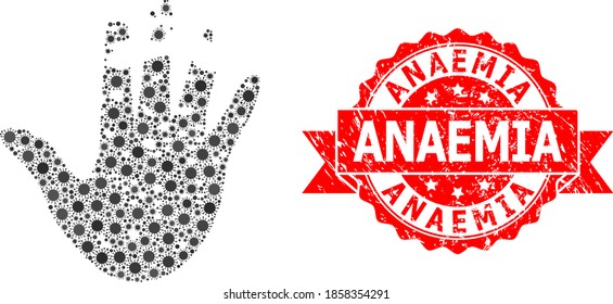 Vektormosaik zerstörte Hand des Covid-2019-Virus, und Anämie strukturierte Bandsiegel. Viruszellen in zerstörtem Handmosaik. Rotes Siegel enthält Anämie Titel in Band.