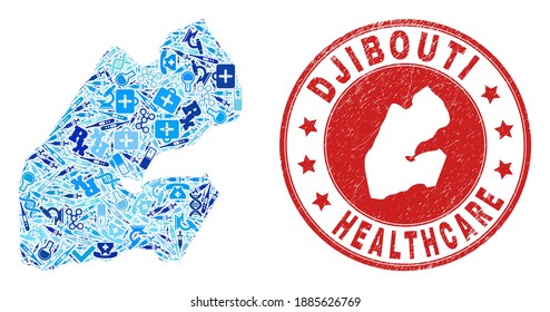 Vector mosaic Djibouti map with injection icons, test symbols, and grunge health care watermark. Red round watermark with grunge rubber texture and Djibouti map word and map.
