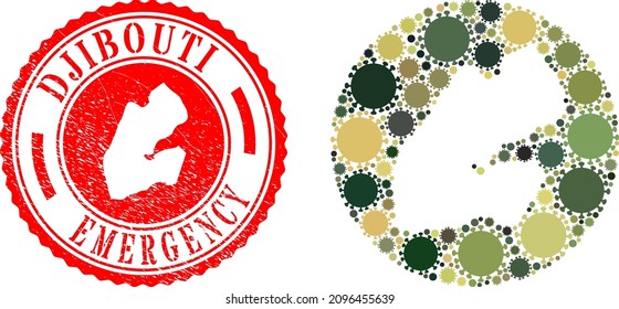 Vector mosaic Djibouti map of sars virus elements and grunge EMERGENCY seal. Mosaic geographic Djibouti map created as hole from round shape with flu virus icons in camouflage army colors.