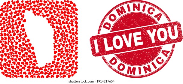 Vector mosaic Dominica Island map of love heart elements and grunge love seal stamp. Collage geographic Dominica Island map designed as stencil from rounded square shape using valentine hearts.