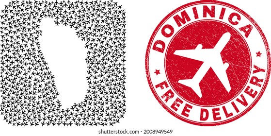Vector mosaic Dominica Island map of aeroplane elements and grunge Free Delivery badge.