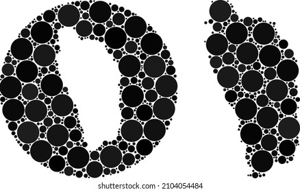 Vector mosaic Dominica Island map of spheric elements. Mosaic geographic Dominica Island map is constructed as stencil from round shape with round elements in black color hues.