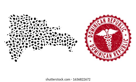 Vector mosaic Dominican Republic map and red round distressed stamp seal with doctor symbol. Dominican Republic map collage composed with oval items. Red round medic seal, with dirty texture.