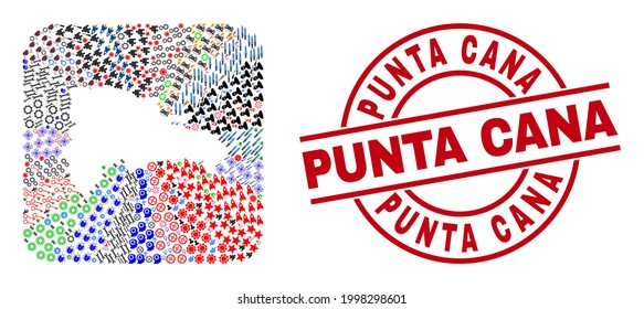 Vector Mosaic Dominican Republic Map Of Different Pictograms And Punta Cana Seal. Mosaic Dominican Republic Map Constructed As Carved Shape From Rounded Square Shape.