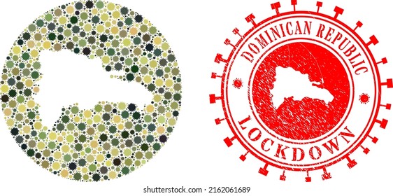 Vektor-Mosaik Dominikanische Republik Karte der Elemente des Virusausbruchs und grunge LOCKDOWN-Stempel.
